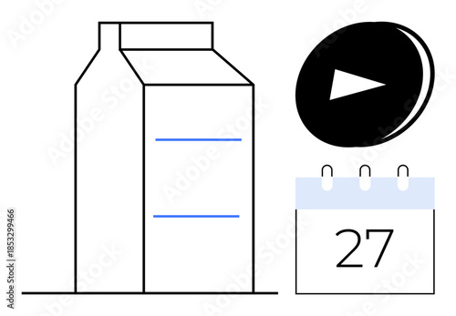 Food habits, daily schedule, time management, nutrition, streaming, dairy . Milk carton, play button calendar displaying the number 27. Food habits and daily schedule emphasis