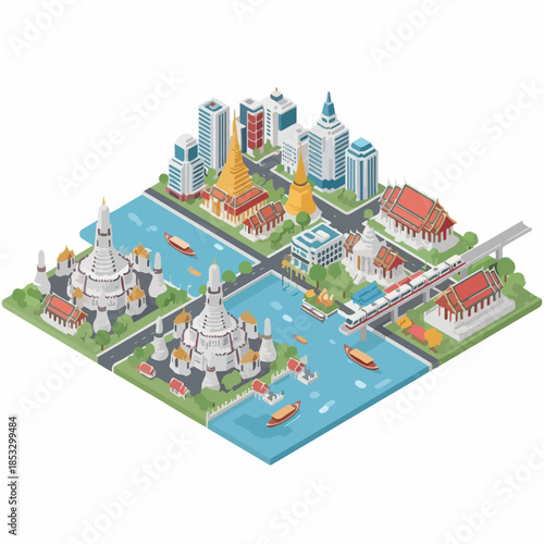 Isometric Detailed Cityscape of Bangkok Thailand Capital with River and Temples