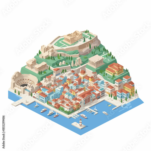 Isometric Detailed Cityscape of Athens Greece with Acropolis Landmark Illustration