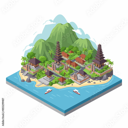 Isometric Detailed Tropical Island with Balinese Temple Landscape Illustration
