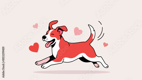Lively cartoon dog in mid-stride with pink hearts in the background