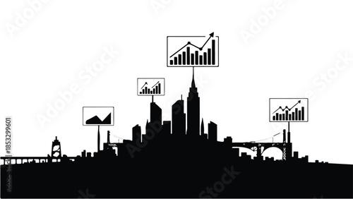 Modern city skyline silhouette with graphs and charts floating above buildings, urban landscape with business and finance concept, cityscape with data visualization