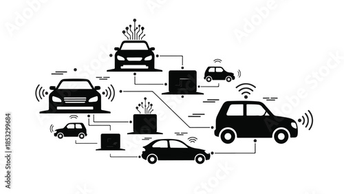 Connected cars network technology illustration with vehicles communicating wirelessly in smart city infrastructure