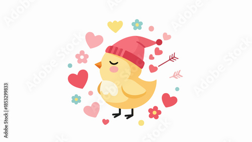 Charming illustrated chick wearing a pink knitted hat surrounded by hearts and flowers