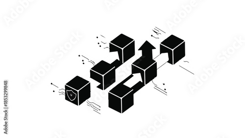 Business technology innovation concept with isometric 3D cubes and arrows on white background for modern corporate design