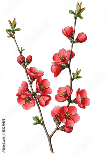 scarlet red japanese quince blossoms and buds in 19th-century botanical illustration style, detailed ink lines, watercolor wash, isolated on white copy space. concept of elegant scientific accuracy