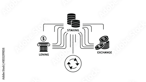 Financial transactions concept with money flow between lending, storing, and exchanging, illustrating banking and economy