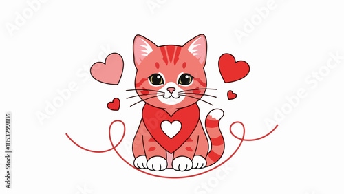 Red tabby cat holding a heart with floating hearts and a ribbon in a flat-style illustration