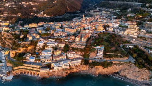 Drone aerial view of Vietri sul Mare at sunrise from the sea