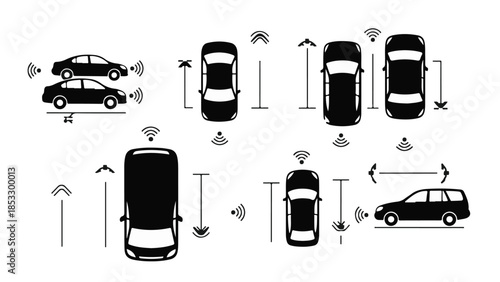 Vehicle sensor technology illustration with cars and arrows indicating parking assistance and autonomous driving features