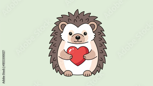 Cartoon hedgehog holding a red heart on a light beige background