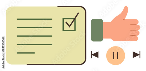 Checklist with a marked box, thumbs-up hand gesture, and play, pause, and skip buttons. Ideal for productivity, feedback, media, organization approval goal-setting and user experience concepts