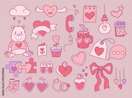Love Valentines Day Doodle Set. Isolated Teddy Bear Toy, Wedding Rings Perfume, Romantic Love Speech Bubbles and Heart. Pink Hand Drawn Elements. Vector Illustration. Not AI