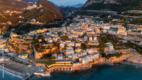 Drone aerial view of Vietri sul Mare at sunrise from the sea