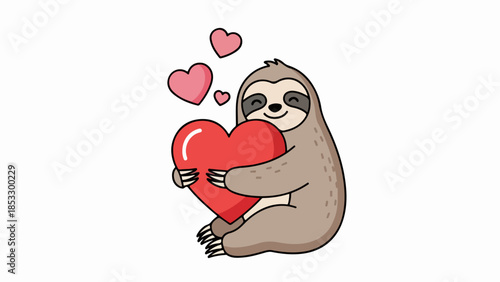 Charming illustrated sloth holding a large red heart with three smaller hearts floating above