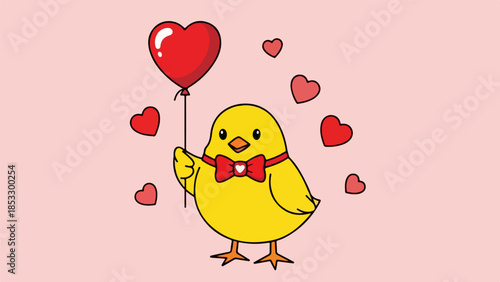 Single yellow chick with red bow tie holding a red heart-shaped balloon on a pink background