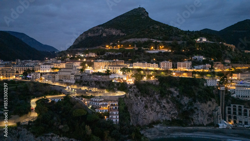 Drone aerial view of Vietri sul Mare at sunrise from the sea