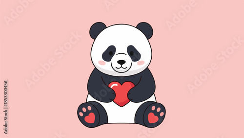 Seated panda holding a red heart with heart prints on its feet against a soft pink background