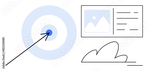 Goal setting, content management, digital strategy, focus, business planning, creative process. An arrow targets a bullseye beside a monitor displaying content. Goal setting and content management