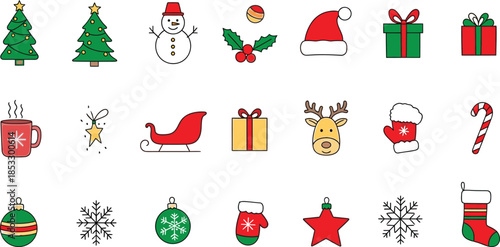 Christmas and New Year icons set. Snowflakes, Christmas balls, gift box, winter branches in sketch style.