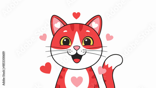 Playful red and white cat illustration with pink hearts on a white background