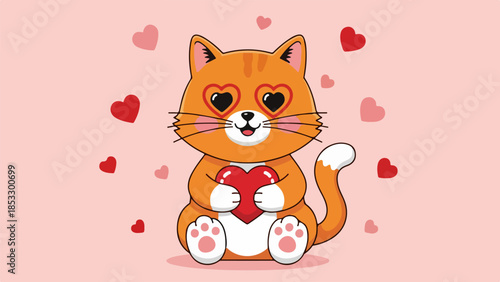Orange cat with heart eyes holding a red heart on a pink background