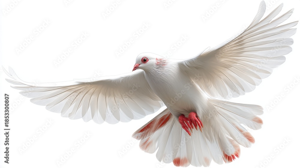 Fototapeta premium A white bird soars through the air with its wings fully open. The bird displays its feathers and bright feet while flying. This scene captures the motion and grace of the bird in the sky.