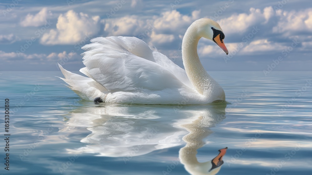 Obraz premium A swan moves gracefully across the water's surface. The reflection shows the beauty of clouds and blue sky. This scene takes place in a serene lake during daylight.