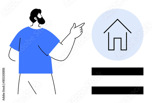 Man pointing at a house inside a blue circle with an equality sign below. Ideal for housing, real estate, equality, community, property ownership, accessibility, simple flat metaphor