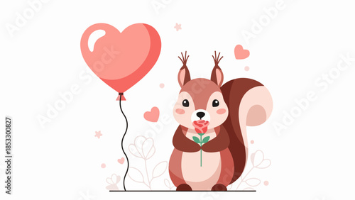 Cheerful cartoon squirrel holding a red rose with a heart-shaped balloon on a pink background
