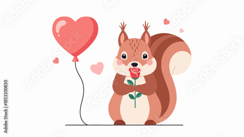 Curious squirrel holding a red rose with a heart-shaped balloon above it