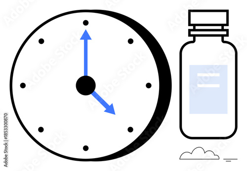 Time management. Clock and medicine bottle time management for medical tasks and health routines. Time management ensures adherence to schedules. Perfect for healthcare, wellness, productivity