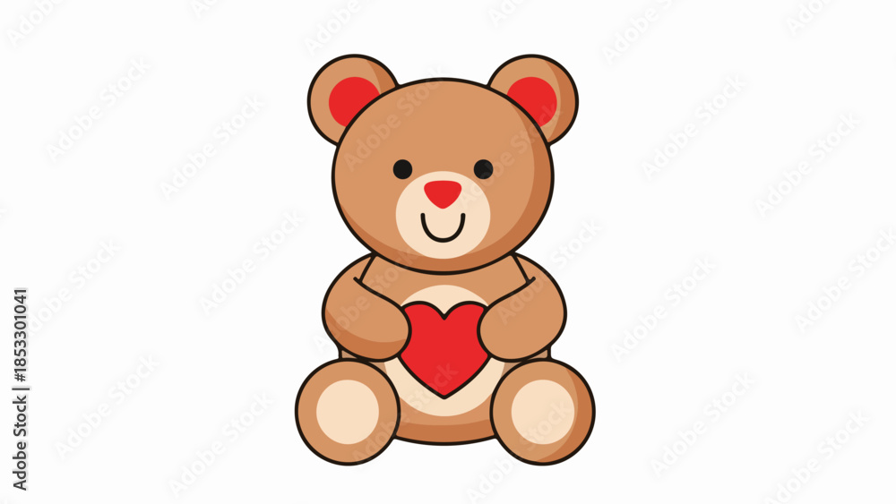 Fototapeta premium Cheerful teddy bear illustration with a red heart in its paws on a light beige background