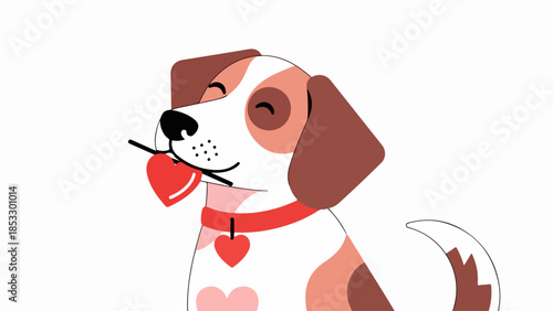 Hand-drawn illustration of a friendly dog with a red collar and heart-shaped pendant