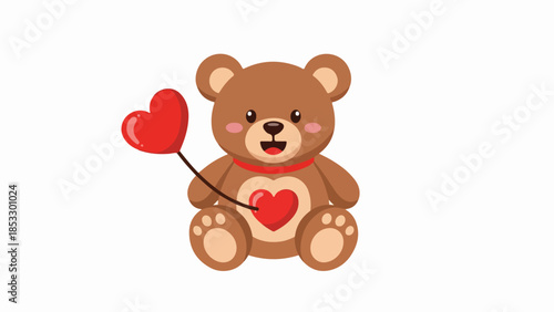 Brown teddy bear with red ribbon holding a red heart on a beige background