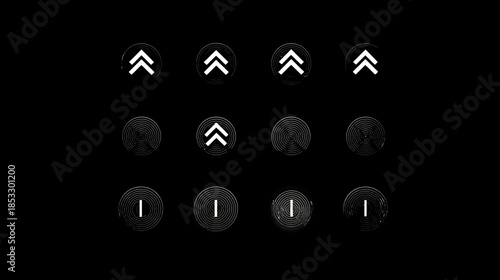 Digital interface buttons with arrows, pause, and close symbols on a dark background. UI/UX elements for app and web design.