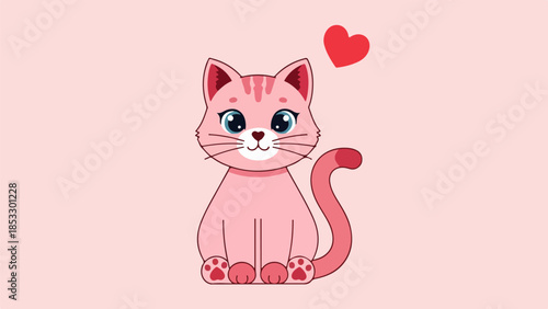 Pink cat with blue eyes and a red heart illustration