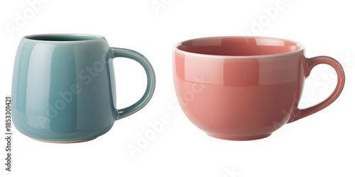 Minimal ceramic mug and teacup pair in soft blue and blush tones.