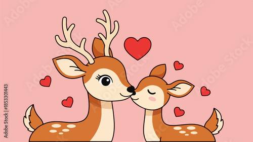 Cartoon deer couple embracing with red hearts on soft pink background