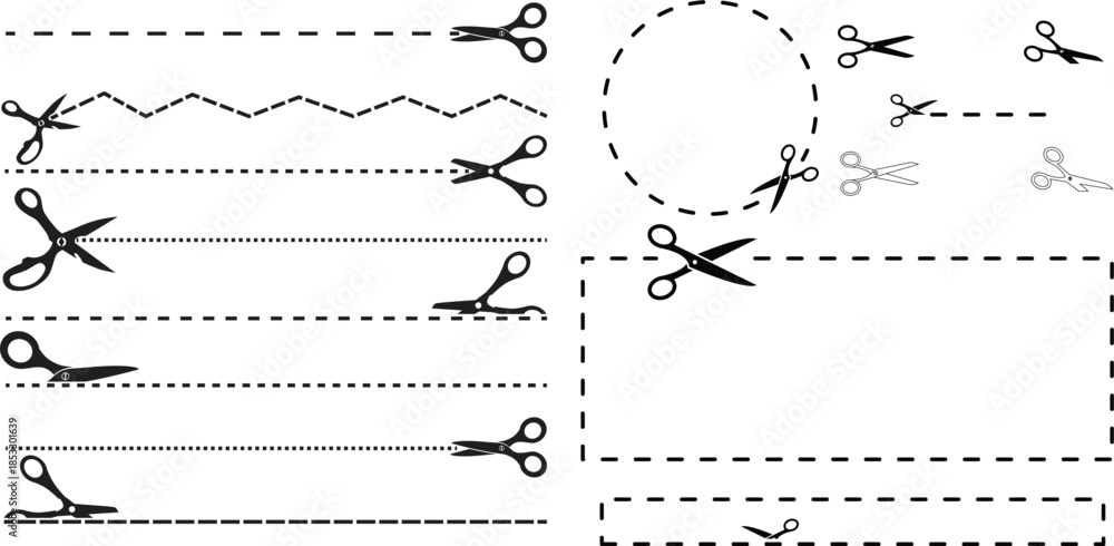 Fototapeta premium Scissors with cut line vector design. Dashed and dotted border for coupon or paper trimming. PNG