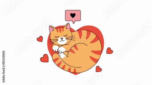 Orange and white cat curled inside a large red heart illustration