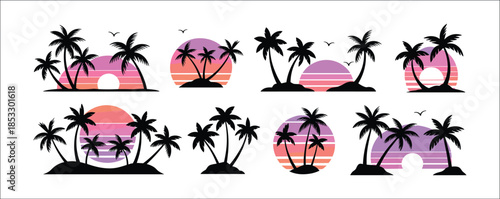 Vector illustration of colorful and pink flowers set with tropical elements, Vector illustration.