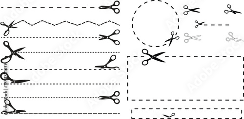 Scissors with cut line vector design. Dashed and dotted border for coupon or paper trimming. PNG