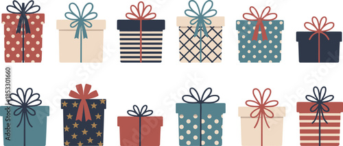 Colorful gift boxes with bows set, Vector illustration.