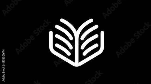 Minimalist open book vector icon on black background. Concept for education, reading, knowledge, learning, wisdom, and literature.
