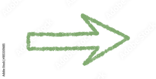 Hand drawn green crayon arrow icon with chalk sketch stroke. Pointer symbol in rough, handdrawn style as unique element. Simple chalk effect ideal for use as direction icon or navigation marker.