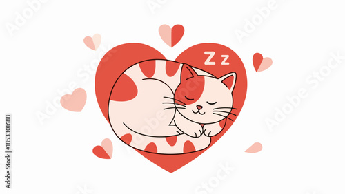 White cat with red spots and eye patch sleeping in a red heart illustration
