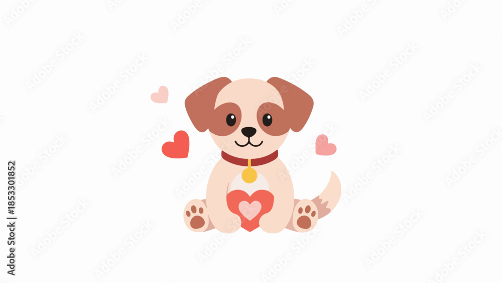 Fototapeta premium Light beige puppy with brown ears and paws holding a red heart between its paws with floating hearts in the background