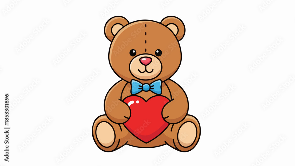 Obraz premium Charming illustrated teddy bear with a blue bow tie holding a red heart