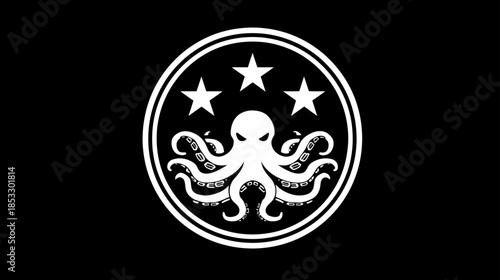 Stylized octopus with three stars inside a circular emblem, presented as a monochrome black and white graphic design concept.